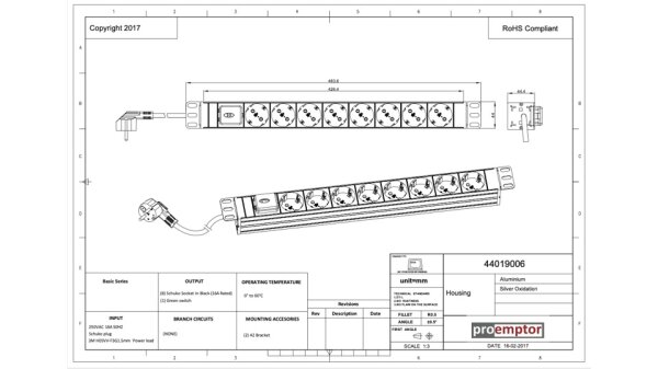 PDU, Standard 19", 1 HE, 8 x schwarze Schuko,  Ein / Ausschalter