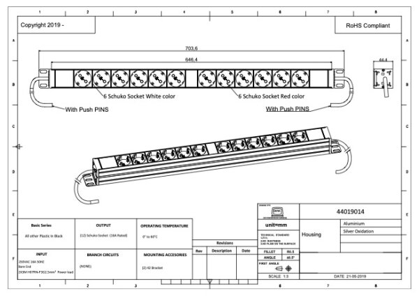 PDU, Standard 19", 1 HE, 6 x Schuko ws, 6 x Schuko rot, 2 Anschlußleitungen, einphasig je Anschlußleitung  16A