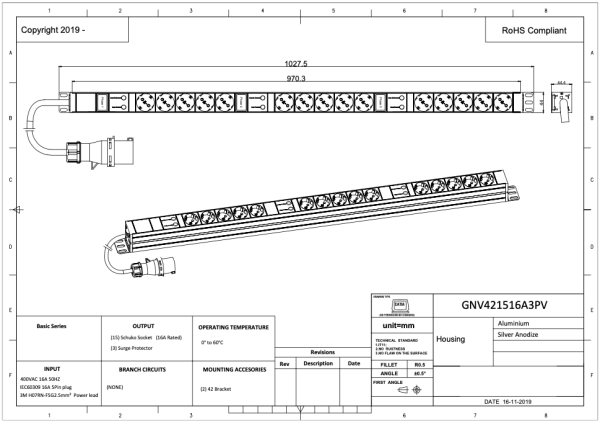 PDU, Standard 19", 1 HE 15 x Schuko 3-farbige Kennzeichnung, 3-phasig mit Überspannungsschutz