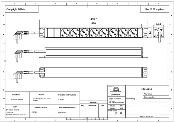 PDU, Standard 19", 1 HE, 8 x weiße Schuko, 3 Meter weißes Kabel (3 x 2,5qmm) und Winkelstecker