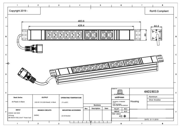 PDU, Standard 19", 1 HE, 10 x C13 mit C20 Anschlußstecker