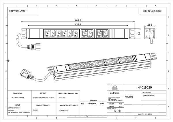 PDU, Standard 19", 1 HE, 11 x C13 / C19 mit C14 Anschlußstecker