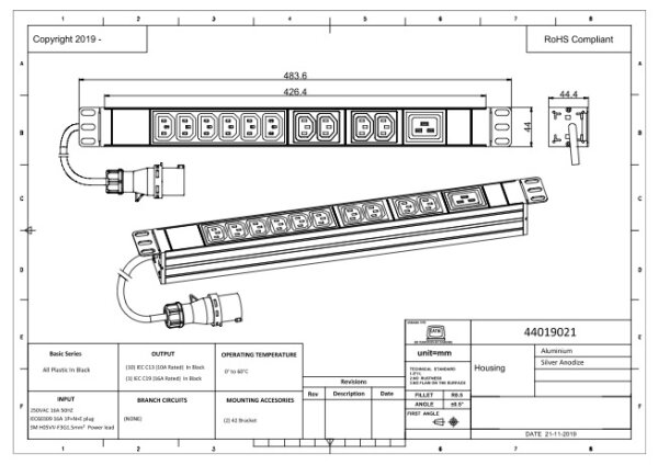 PDU, Standard 19", 1 HE, 10 x C13 + 1 x C19  mit CEE Anschlußstecker