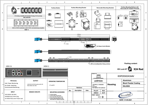 Monitored PDU, Smart PIM, vertikal, 16 A, Ausgänge: 24 x IEX Universal-Plug, Eingang: CEE (blau), 16A, 230 V