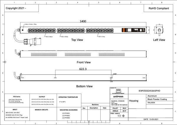 Managebare PDU, Smart POS, vertikal, 16 A, 3-phasig, Ausgänge: 24 x IEX Universal-Plug, Eingang: CEE (rot), 16A, 400 V