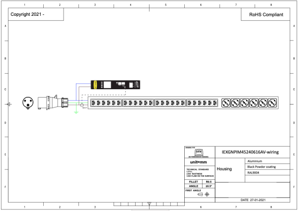 Monitored PDU, Smart PIM, vertikal, 16 A, Ausgänge: 24 x IEX Universal-Plug,6 x Schuko, Eingang: CEE (blau), 16A, 230 V