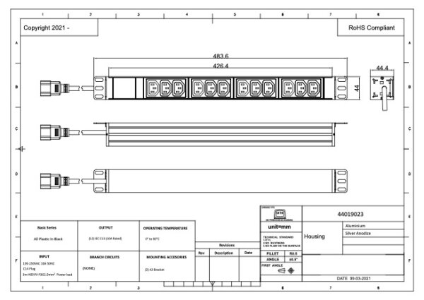 PDU, Standard 19", 1 HE, 12 x C13 mit C14 Anschlußstecker