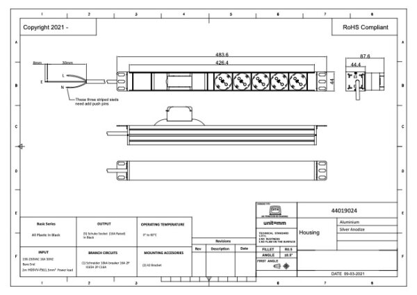 PDU, Standard 19", 1 HE, 5 x Schuko mit Leistungsschutz-Schalter, B16, 2 - polig, 10 kA, 2 m Anschlusskabel / Aderendhülsen