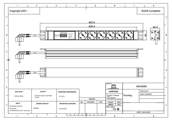 PDU, Standard 19", 1 HE, 6 x Schuko mit lokaler Energiemessung (Display), 3 m Anschlusskabel (H05VV-F3G1,5) / SchuKo-Stecker