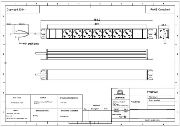 PDU, Standard 19", 1 HE, 7 x schwarze Schuko TYP E, 2 m Anschlusskabel (H05VV-F3G1,5) mit Aderendhülsen