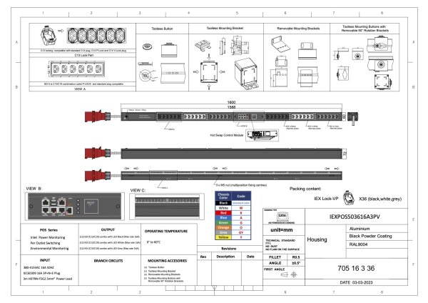 Managebare PDU, Smart POS mit RCM (Differenzstromüberwachung), vertikal, 16 A, 3-phasig, Ausgänge: 36 x IEX Universal-Plug, Eingang: CEE (rot), 16A, 400 V