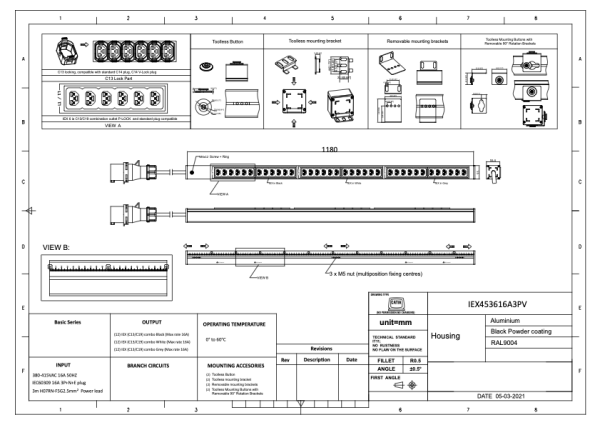 Basic PDU, vertikal, 16 A, 3-phasig, Ausgänge: 36 x IEX Universal-Plug, Eingang: CEE (rot), 16 A, 230 V