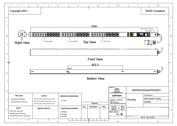 Monitored PDU, Smart PIM mit RCM (Differnzstromüberwachung), vertikal, 16 A, 3-phasig, Ausgänge: 30 x IEX Universal-Plug, Eingang: CEE (rot), 16A, 400 V, Einspeisung von oben