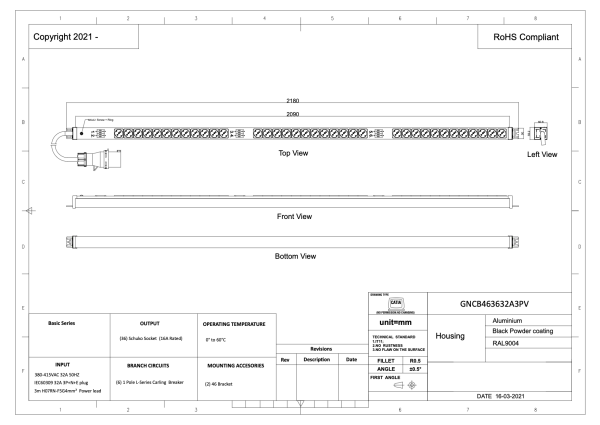 PDU, Basic, 19", 1 HE, vertikal, 32 A, 3 Ph, 36 x Schuko mit Überspannungsschutz