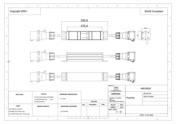 Überspannungsschutzmodul, 1-phasig, 1 x 16A, 1 x SPD (Überspannungsableiter), Eingang: 1,0m H05VV-F 3G2,5mm2, CEE Kupplung