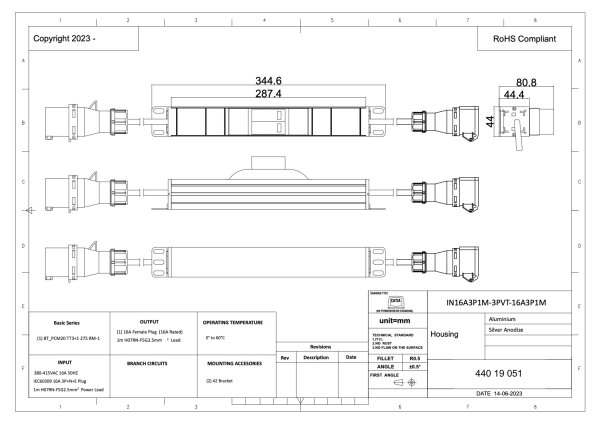 Überspannungsschutzmodul, 3-phasig, 3 x 16A, Modul Telebahn Typ 3 (Wechselmodul), Eingang: 1,0m H05VV-F 5G2,5mm2, CEE Kupplung