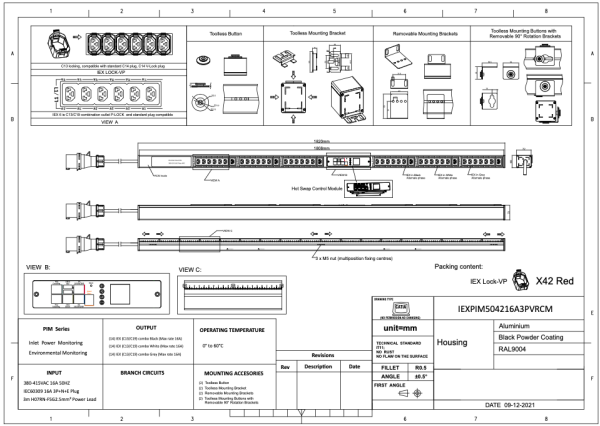 Monitored PDU, Smart PIM mit RCM (Differnzstromüberwachung), vertikal, 16 A, 3-phasig, Ausgänge: 42 x IEX Universal-Plug, Eingang: CEE (rot), 16A, 400 V