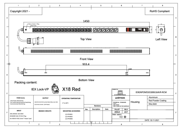 Managebare PDU, MASTER, Smart POMS mit RCM (Differenzstromüberwachung), vertikal, 16 A, 1-phasig, Ausgänge: 18 x IEX Universal-Plug, 6 x SchuKo, Eingang: CEE (blue), 16A, 230 V