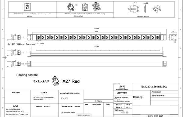 Basic PDU, vertikal, 16 A, Ausgänge: 27 x IEX Universal-Plug, Eingang: CEE (blau), 16 A, 230 V