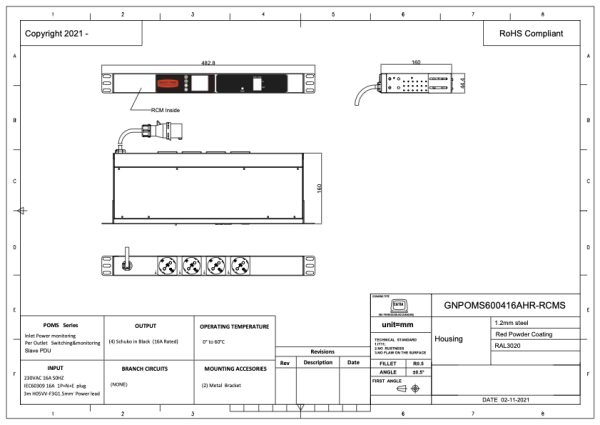 Managebare PDU, SLAVE, Smart POMS mit RCM (Differenzstromüberwachung), horizontal, 16 A, 1-phasig, Ausgänge: 4 x SchuKo, Eingang: CEE (blue), 16A, 230 V