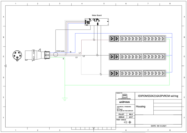 Managebare PDU, Smart POMS mit RCM (Differenzstromüberwachung), vertikal, 16 A, 3-phasig, Ausgänge: 42 x IEX Universal-Plug, Eingang: CEE (rot), 16A, 400 V