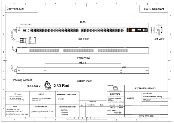 Managebare PDU, Smart POS, vertikal, 32 A, 3-phasig, Ausgänge: 30 x IEX Universal-Plug, 6 x Leistungsschutzschalter, Eingang: CEE (rot), 16A, 400 V