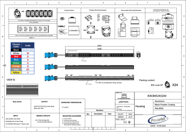 Basic PDU, vertikal, 32 A, Ausgänge: 24 x IEX Universal-Plug, Eingang: CEE (blau), 32 A, 230 V