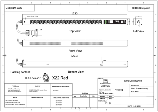 Monitored PDU, Smart POM, vertikal, 16 A, Ausgänge: 22 x IEX Universal-Plug, Eingang: CEE (blau), 16A, 230 V