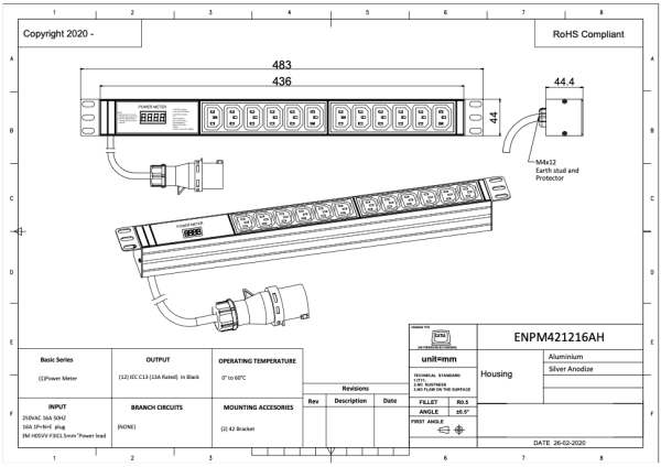 PDU, Standard 19", 1 HE, 12 x IEC C13 mit lokaler Energiemessung (Display), 3 m Anschlusskabel (H05VV-F3G1,5) / CEE-Stecker