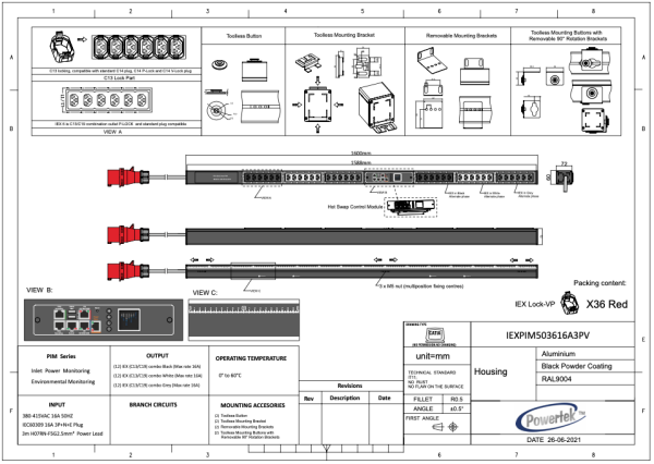 Monitored PDU, Smart PIM, vertikal, 16 A, 3-phasig, Ausgänge: 36 x IEX Universal-Plug, Eingang: CEE (rot), 16A, 400 V