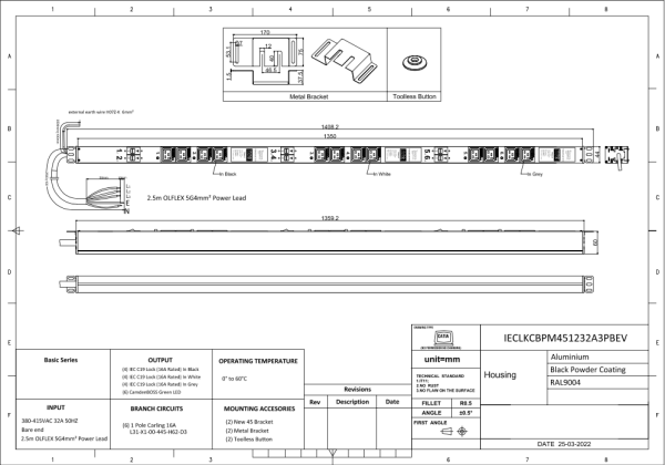 Lokal messbare PDU (PM), vertikal, 32 A, Ausgänge: 12 x IEC320-Lock Plug, Eingang: Aderendhülse, 32 A, 400 V