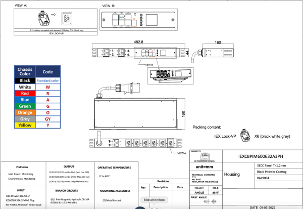 Monitored PDU, Smart PIM, horizontal, 32 A, 3-phasig, Ausgänge: 6 x IEX Universal-Plug, Eingang: CEE (rot), 32 A, 400 V