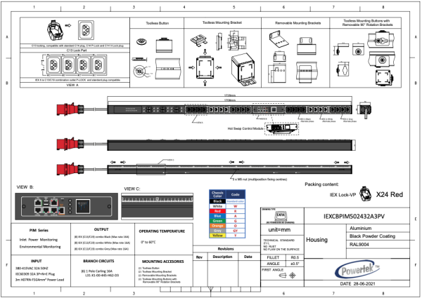 Monitored PDU, Smart PIM, vertikal, 32 A, 3-phasig, Ausgänge: 24 x IEX Universal-Plug, Differenzstromüberwachung (RCM), Leistungsschalter, Eingang: CEE (rot), 32A, 400 V