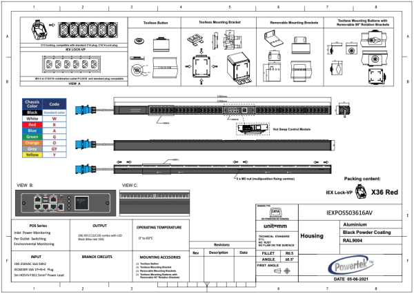 Managebare PDU, Smart POS, vertikal, 16 A, Ausgänge: 36 x IEX Universal-Plug, Eingang: CEE (blau), 16A, 230 V