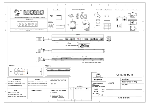 Managebare PDU, Smart POMS mit RCM (Differenzstromüberwachung), vertikal, 16 A, 3-phasig, Ausgänge: 18 x IEX Universal-Plug, Eingang: CEE (rot), 16A, 230 V