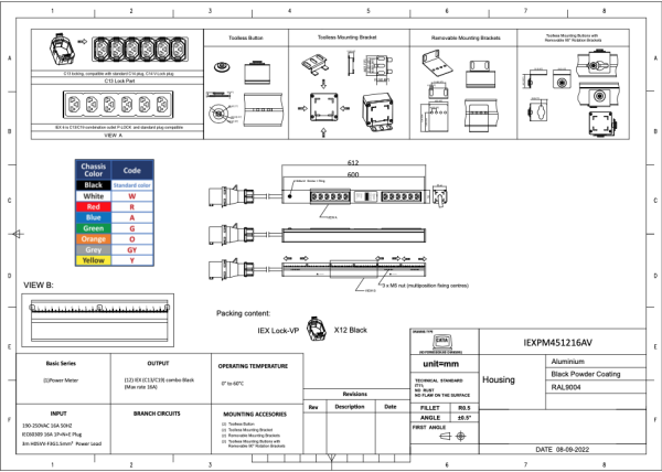 Lokal messbare PDU (PM), vertikal, 16 A, Ausgänge: 12 x IEX Universal-Plug, Eingang: CEE (blau), 16 A, 230 V