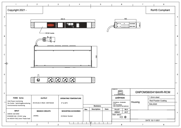 Managebare PDU, MASTER, Smart POMS mit RCM (Differenzstromüberwachung), horizontal, 16 A, 1-phasig, Ausgänge: 6 x IEX-Plug, Eingang: CEE (blue), 16A, 230 V