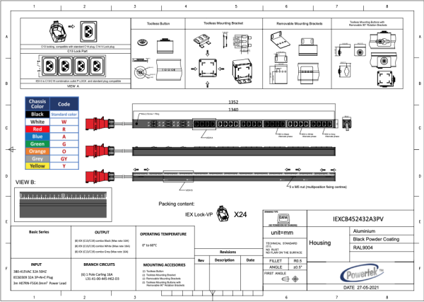 Basic PDU, vertikal, 32 A, Ausgänge: 24 x IEX Universal-Plug, Eingang: CEE (rot), 32 A, 400 V