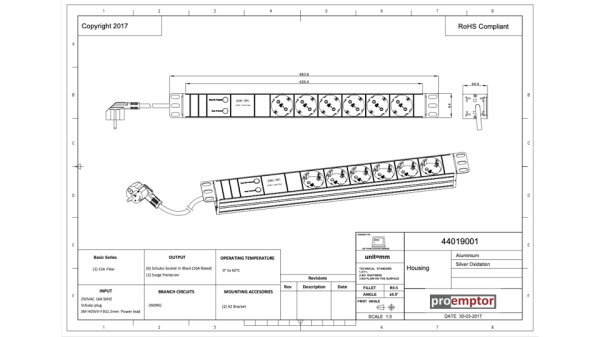 PDU, Standard 19", 1 HE, 6 x schwarze Schuko, Überspannungsschutz, Filter