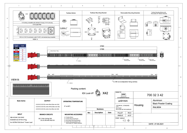 Basic PDU, vertikal, 32 A, Ausgänge: 42 x IEX Universal-Plug, Eingang: CEE (rot), 32 A, 400 V