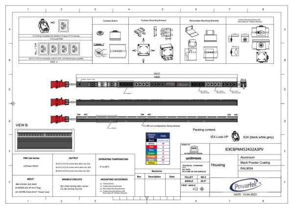 Lokal messbare PDU (PM), vertikal, 32 A, 3-phasig, Ausgänge: 24 x IEX Plug, Eingang: CEE (rot), 32 A, 400 V