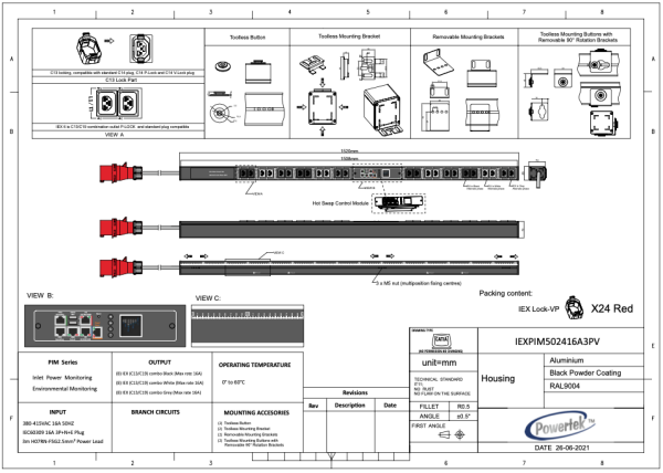 Monitored PDU, Smart PIM, vertikal, 16 A, 3-phasig, Ausgänge: 18 x IEX Universal-Plug, Eingang: CEE (rot), 16A, 400 V