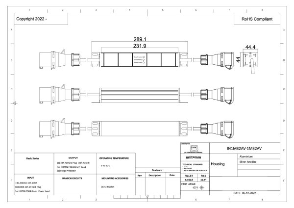 Überspannungsschutzmodul, 1-phasig, 1 x 32A, 1 x SPD (Überspannungsableiter), Eingang: 1,0m H05VV-F 3G4mm2, CEE Kupplung