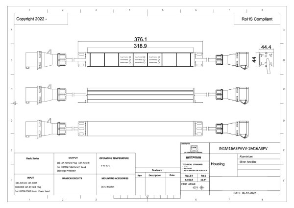 Überspannungsschutzmodul, 3-phasig, 3 x 16A, 3 x SPD (Überspannungsableiter, Eingang: 1,0m H05VV-F 5G2,5mm2, CEE Kupplung