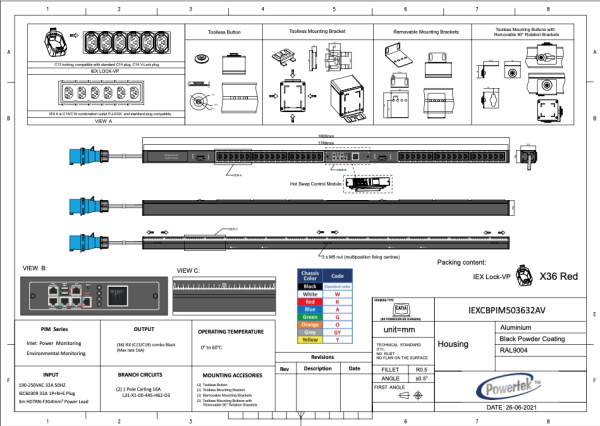 Monitored PDU, Smart PIM, vertikal, 32 A, 1-phasig, Ausgänge: 42 x IEX Universal-Plug, Leistungsschalter, Eingang: CEE (rot), 32A, 230 V