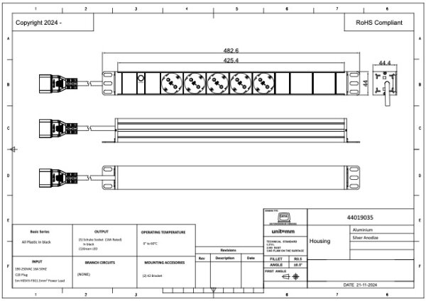 PDU, Standard 19", 1 HE, 5 x schwarze Schuko, 5 Meter Anschlusskabel, C20-Stecker