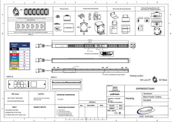 Monitored PDU, Smart PIM, mit Differezstromübewachung (RCM), vertikal, 16 A, Ausgänge: 27 x IEX Universal-Plug, Eingang: CEE (blau), 16A, 230 V