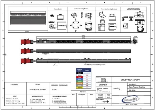 Basic PDU, vertikal, Überspannungsschutz, 3 x LS Automat, 16 A, 3-phasig, Ausgänge: 24 x SchuKo-Plug 45°, Eingang: CEE (rot), 16 A, 400 V