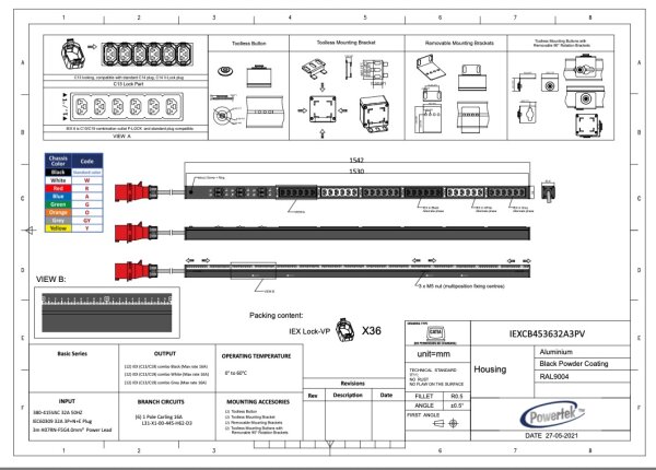 Basic PDU, vertikal, 32 A, Ausgänge: 36 x IEX Universal-Plug, Eingang: WAGO Klemme, 32 A, 400 V