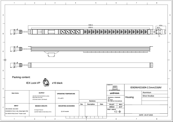 Basic PDU, vertikal, mit FI-Schutzschalter, 16 A, Ausgänge: 16 x IEX Universal-Plug, 4 SchuKo, Eingang: C20, 16 A, 230 V